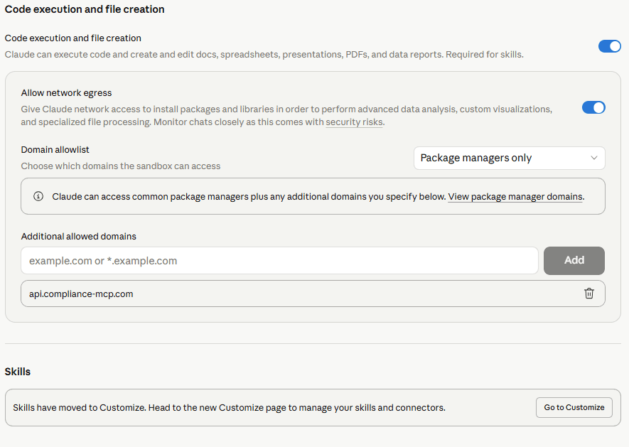 Claude capabilities settings showing api.compliance-mcp.com added to the allowed domains list