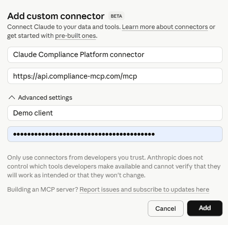 Example Claude custom connector setup for the Compliance Platform MCP server