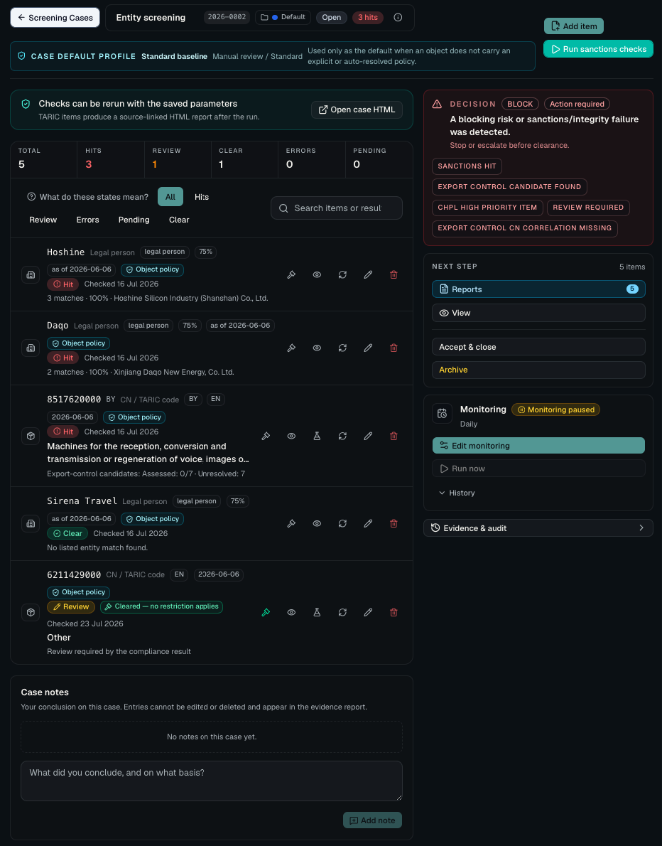 Screening cases list