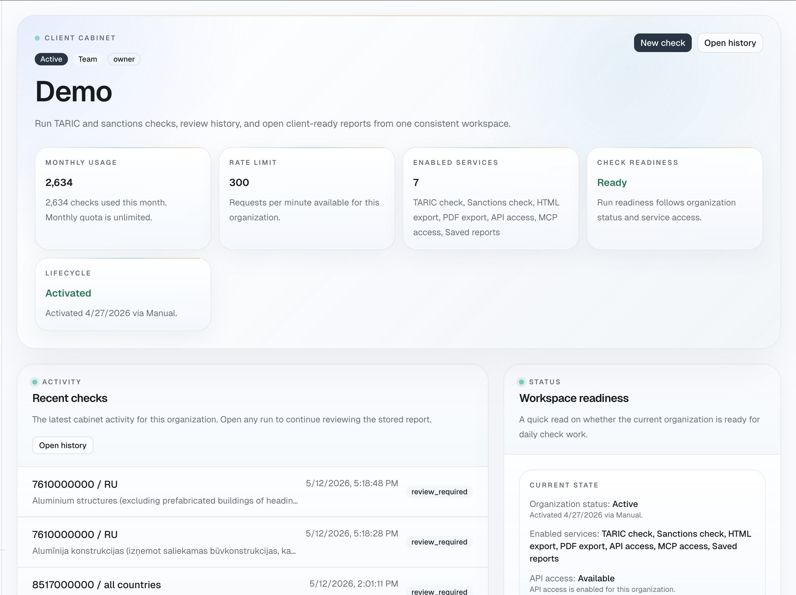 Workspace dashboard